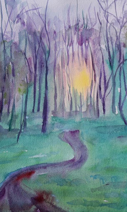 Sunset forest original watercolor painting Sun through trees by Kate Grishakova