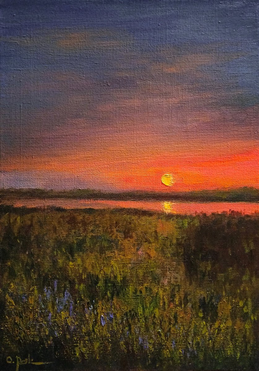 Impressionistic Landscape Oil Painting By Oleh Rak, 14 X 20", Last Summer Evening, Original Artwork
