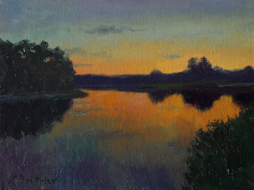 Sunset Over the Pond - original sunny landscape, painting by Nikolay Dmitriev