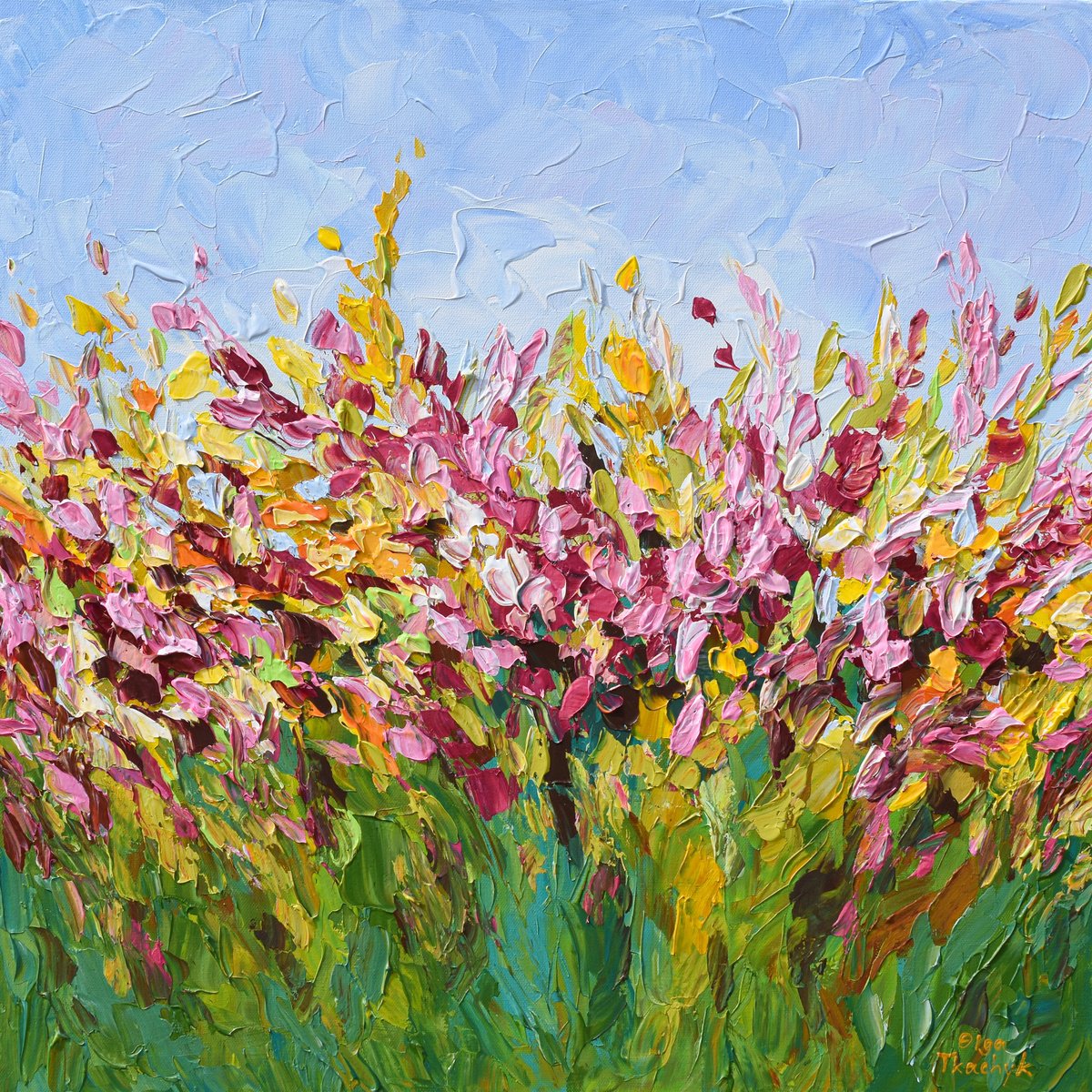 Organic Botanical Acrylic Painting By Olga Tkachyk, 24 X 24", In Full Bloom, Original Artwork