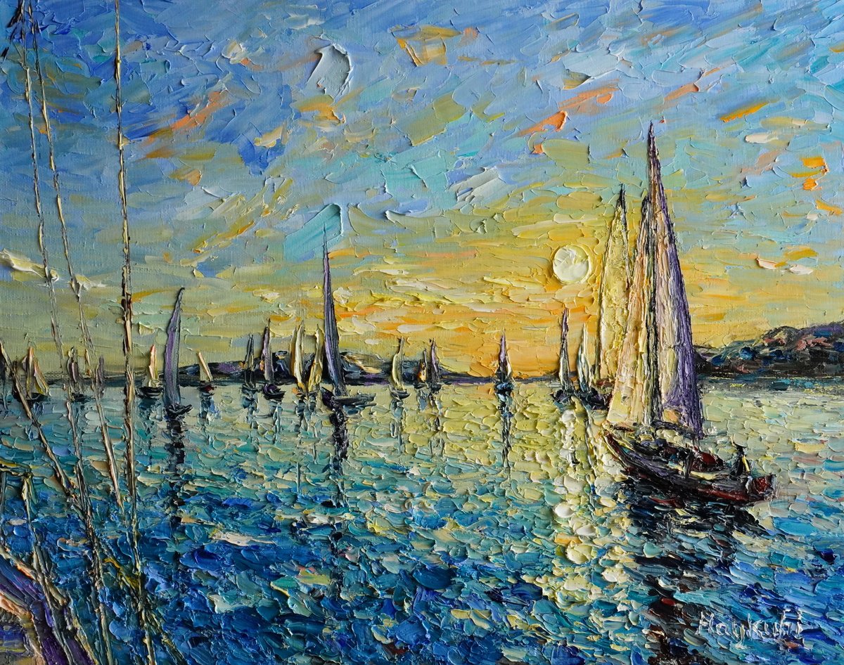 Sunset Sailing Boats By Haykuhi Khachatryan, 20 X 16, Artwork For Sale On Artfinder