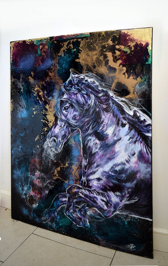 Libre et fier / Friesian Original Horse painting Large / Modern Equine Contemporary Wall Art by Anna Sidi