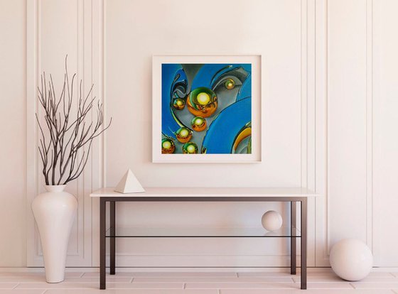 Abstraction Golden Spheres Blue Background Oil Painting Hyperrealism