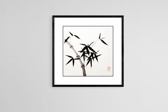 Sprig of bamboo on tinted gold sprinkle paper - Bamboo series No. 2118 - Oriental Chinese Ink Painting