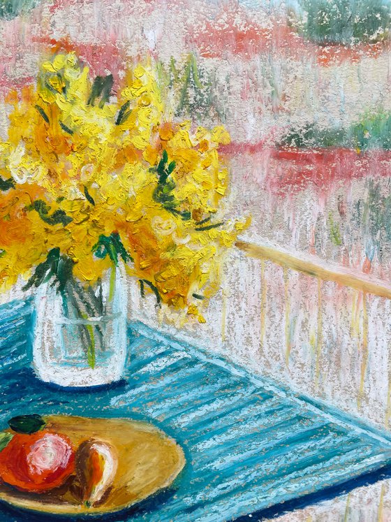 Mimosa Original Painting, Yellow Flowers Oil Pastel Painting, Italian Balcony Drawing
