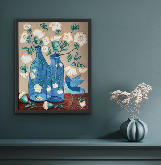 Deux Bleus, et un Oiseau Acrylic painting by Holly Wojahn | Artfinder