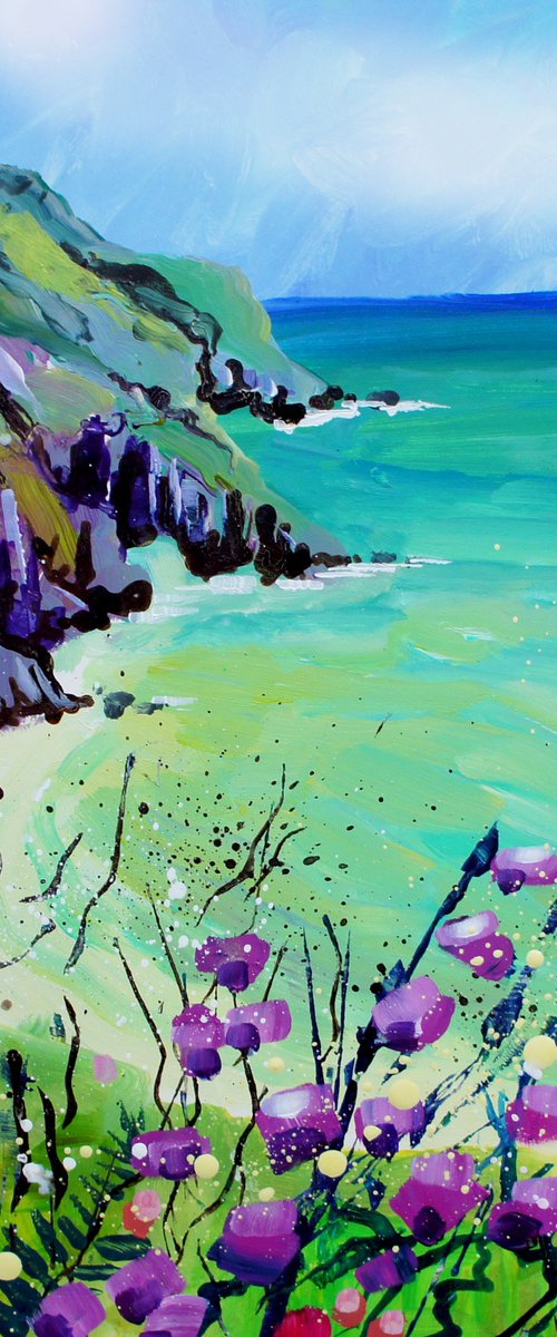 Devon Coast with purple mallow by Julia  Rigby