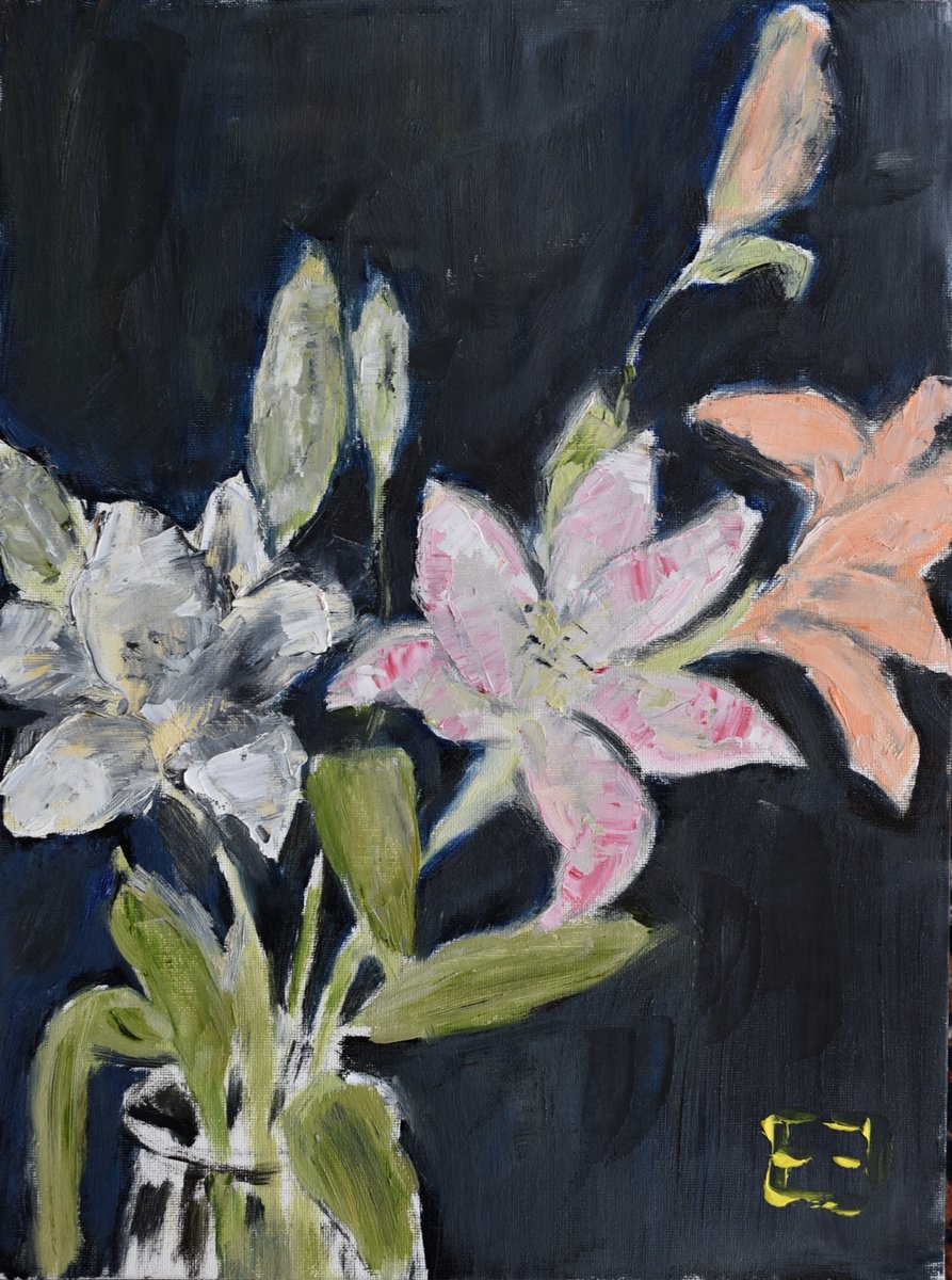 Expressive Botanical Oil Painting By Elena Zapassky, 12 X 16, Three Lilies, Original Artwork