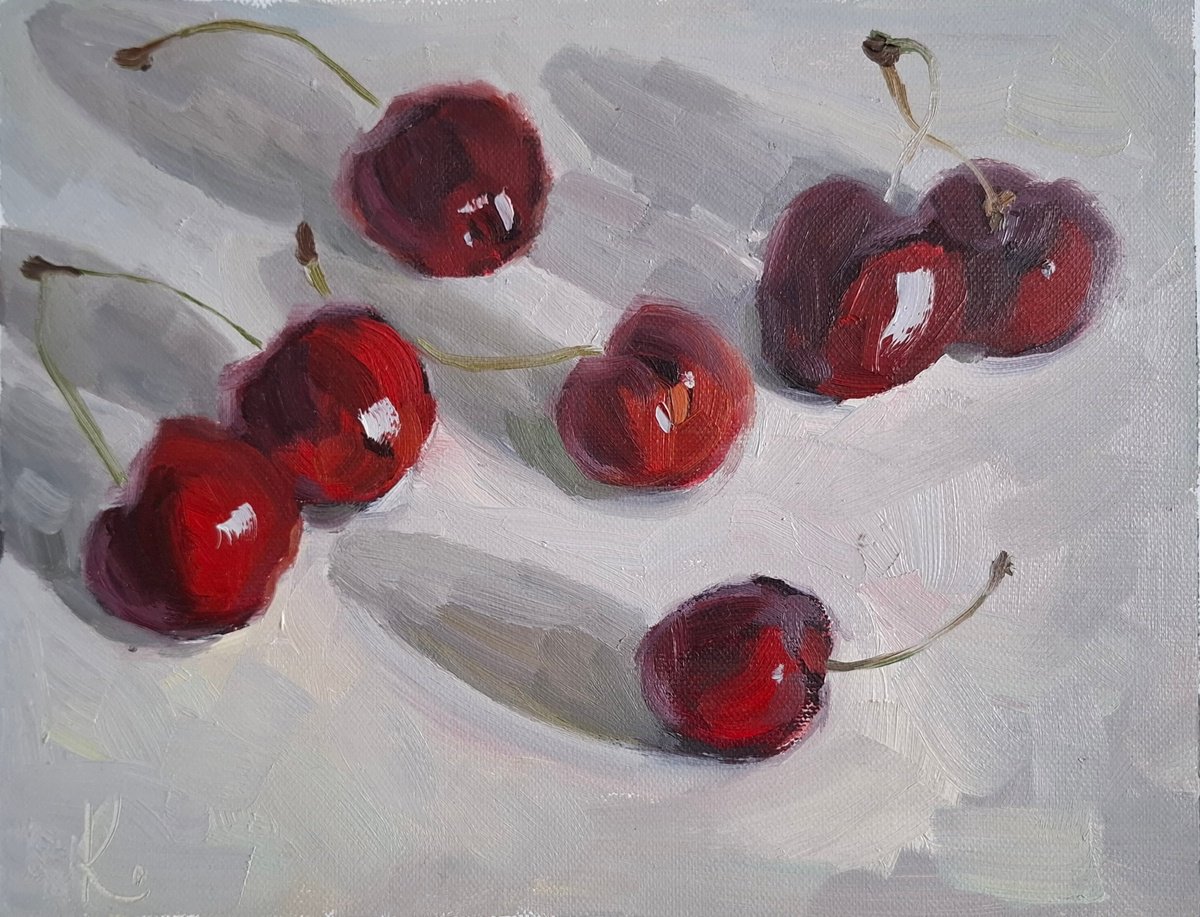 Impressionistic Still Life Oil Painting By Olena Kolotova, 10 X 8", "Cherry In Winter", Original Artwork