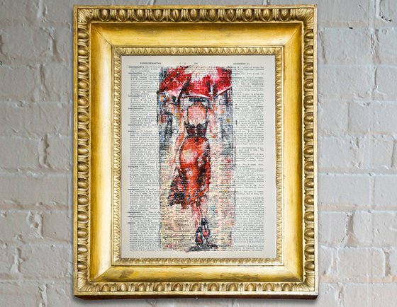 Lady in Red - Collage Art on Large Real English Dictionary Vintage Book Page