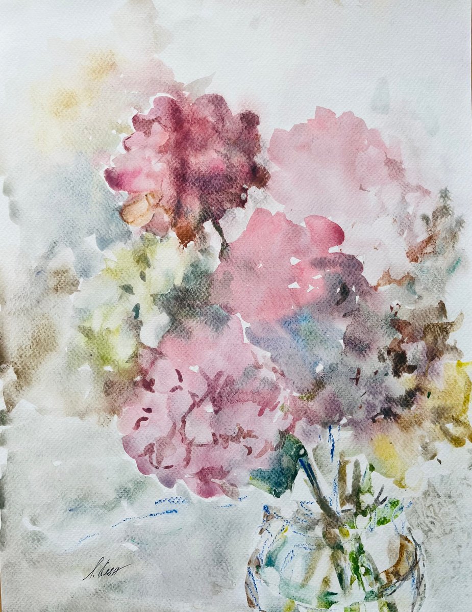 Impressionistic Still Life Watercolour By Elena Klyan, 12 X 16, Hydrangea 1, Original Artwork