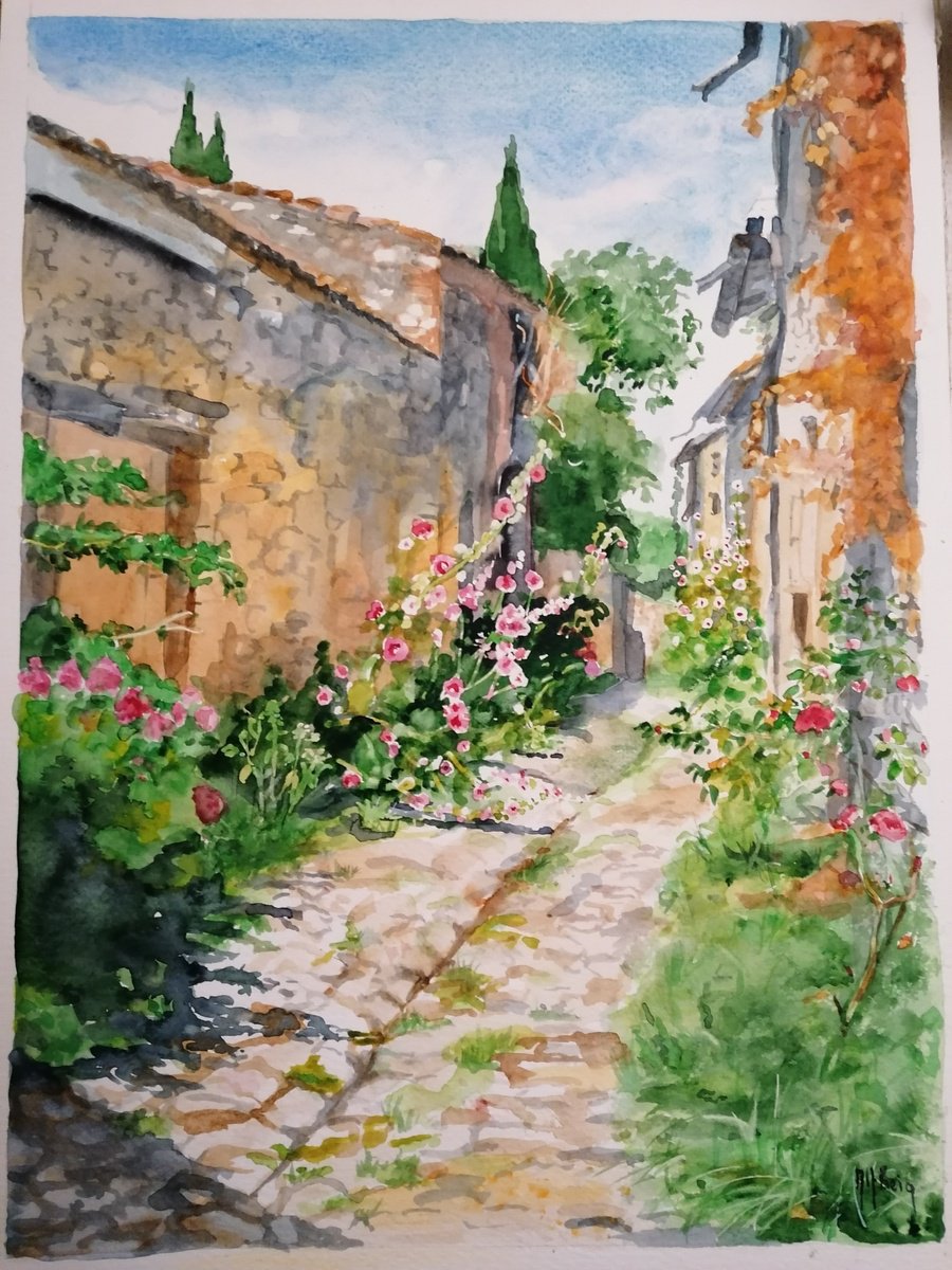 Impressionistic Cityscapes Watercolour By Martine Vinsot, 11 X 15", The Flowers Alley, Original Artwork