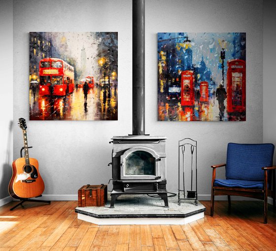 Rainy evening in London. Urban cityscene impressionistic landscape art. Large wall home decor. Art Gift