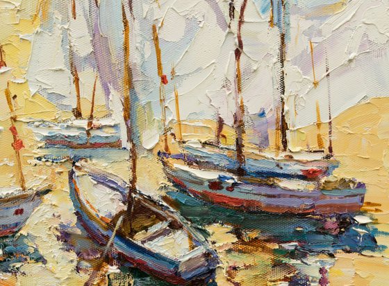 Boats at sunset painting Seascape art original oil painting