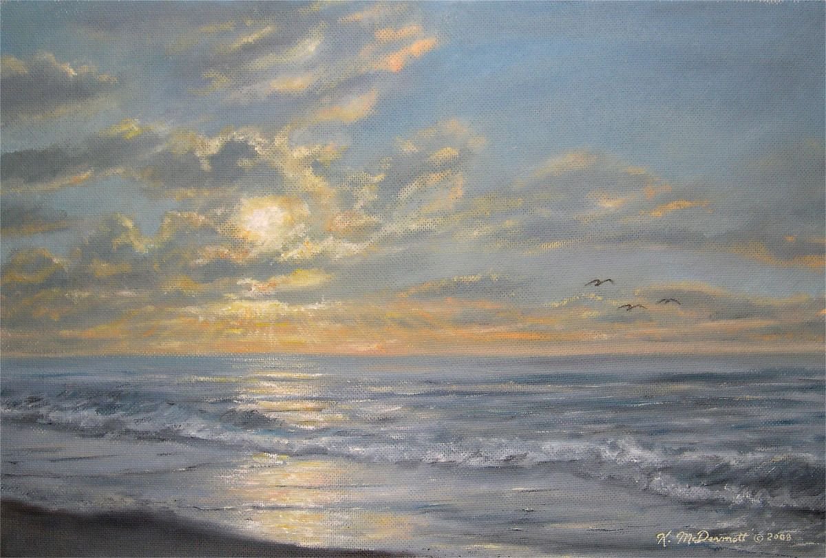 Impressionistic Landscape Acrylic Painting By Kathleen Mcdermott, 28 X 20", Atlantic Dawn - Golden Mile, Original Artwork