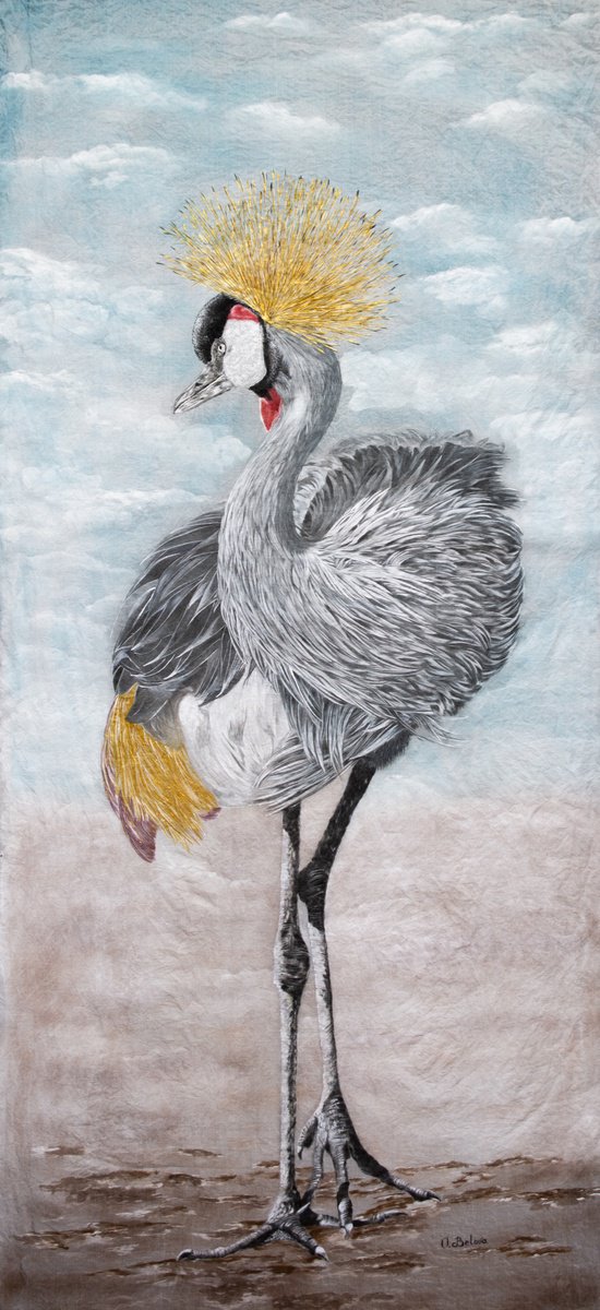 Photorealistic Animal Acrylic Painting By Olga Belova, 24 X 47", Crowned Crane, Original Artwork