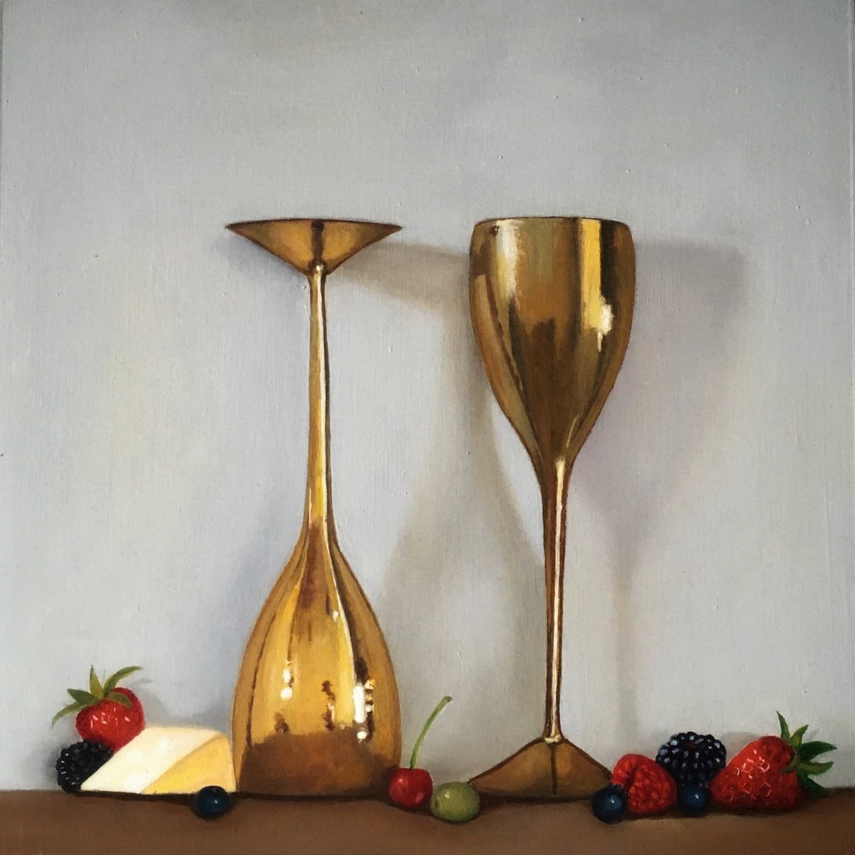 Photorealistic Still Life Oil Painting By Priyanka Singh, 12 X 12", Golden Goblets, Original Artwork