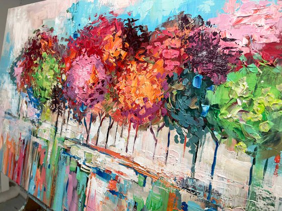 Forest Energy - Original Abstract Tree Painting, Colorful Trees Painting, Large Original Nature Landscape Modern Texture Painting Boho Wall Art Living Room Decor - Size: 48 x 24 inches (120 x 60 cm)