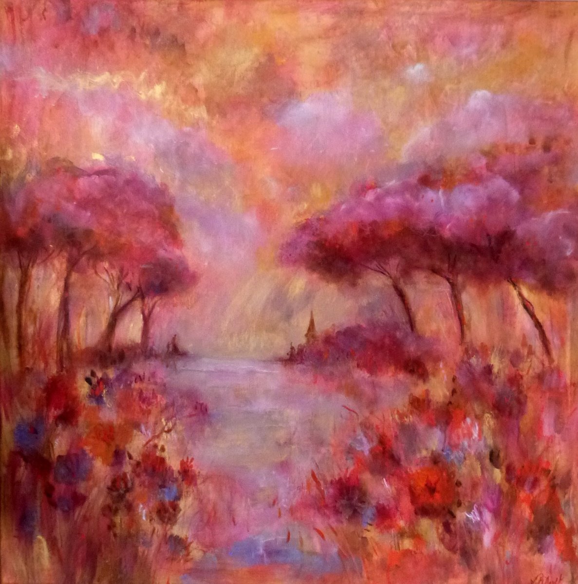 Impressionistic Landscape Painting By Loetitia Pillault, 31 X 31", Pink Shores, Original Artwork