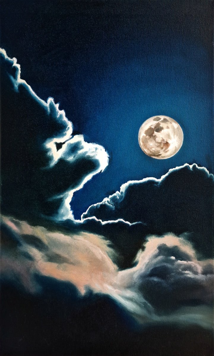 Impressionistic Landscape Oil Painting By Dita Galas, 12 X 20, Moonlight, Original Artwork