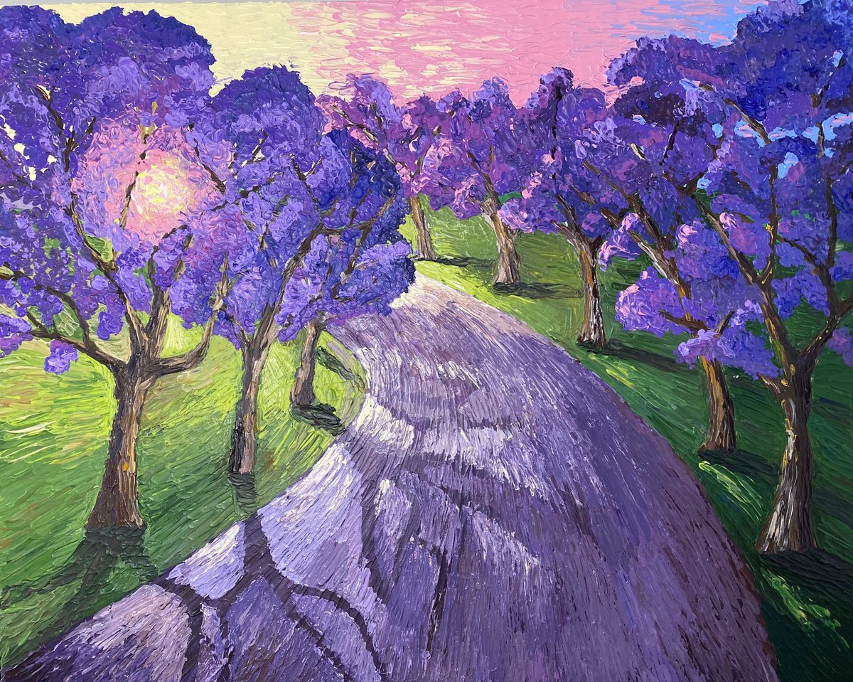 Impressionistic Landscape Acrylic Painting By Guzaliya Xavier, 30 X 24, Jacaranda Sunset At Kirribilli, Original Artwork