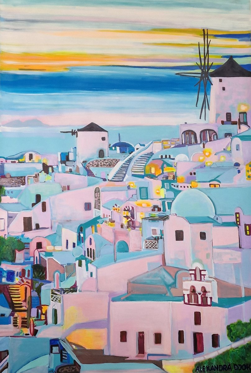 Impressionistic Cityscapes Acrylic Painting By Alexandra Djokic, 26 X 38, Santorini, Original Artwork