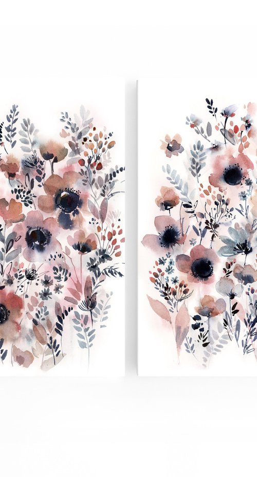 Pink Florals Watercolor Painting 2 set by Sophie Rodionov