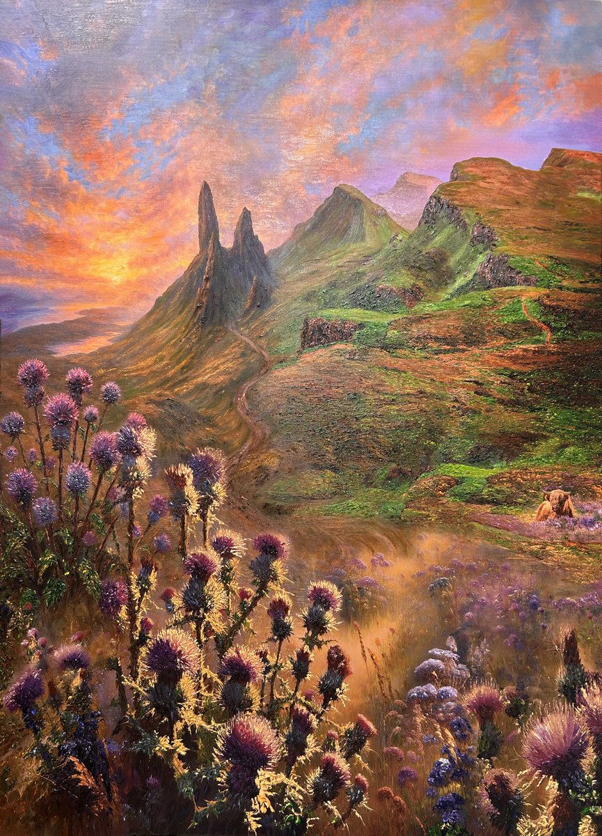 Impressionistic Landscape Oil Painting By Kenneth Halvorsen, 50 X 70", Highland Ember Twilight, Original Artwork