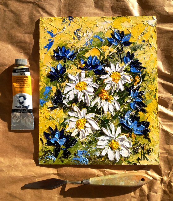 Daisy Painting Floral Original Art Cornflowers Abstract Meadow Chamomile Flowers Impasto Palette Knife Oil Artwork Home Wall Art 8 by 10 inches