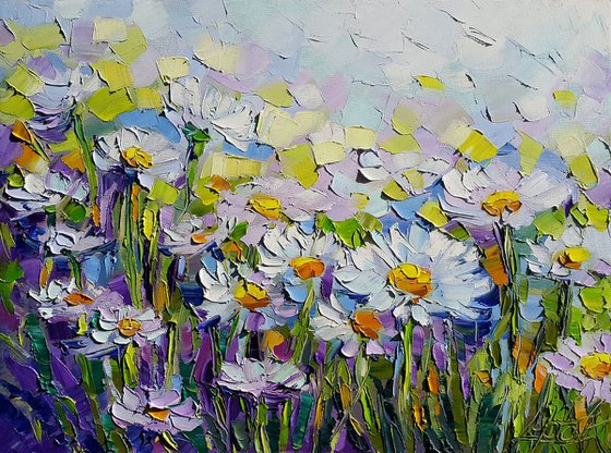 Daisies painting, Chamomiles flowers white daisies blooming original impasto oil canvas artwork