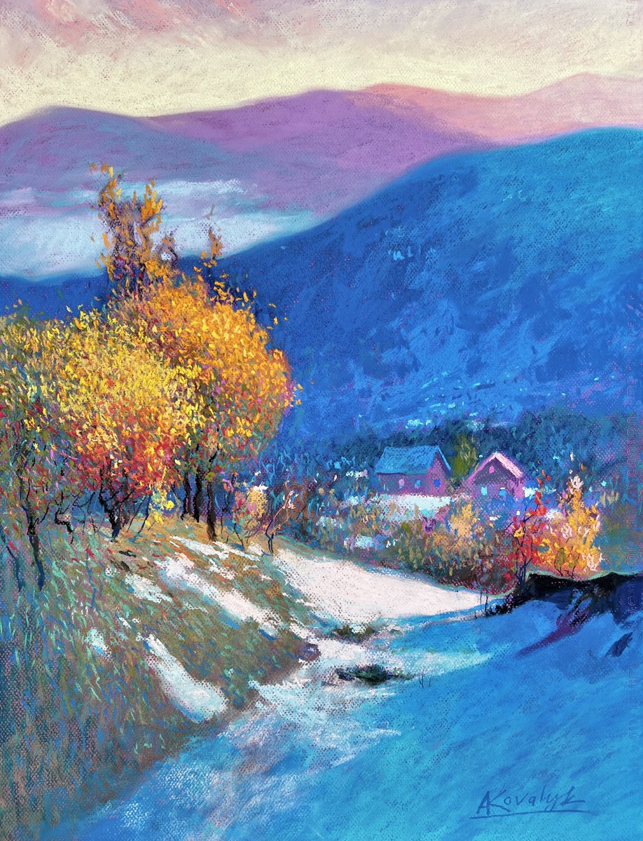 Impressionistic Pastel Drawing , First Snow In The Carpathians By Andrii Kovalyk, 20 X 26, Artwork For Sale On Artfinder