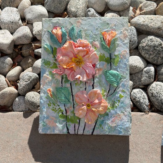 Peach Bloom Sculptural Floral Relief Art