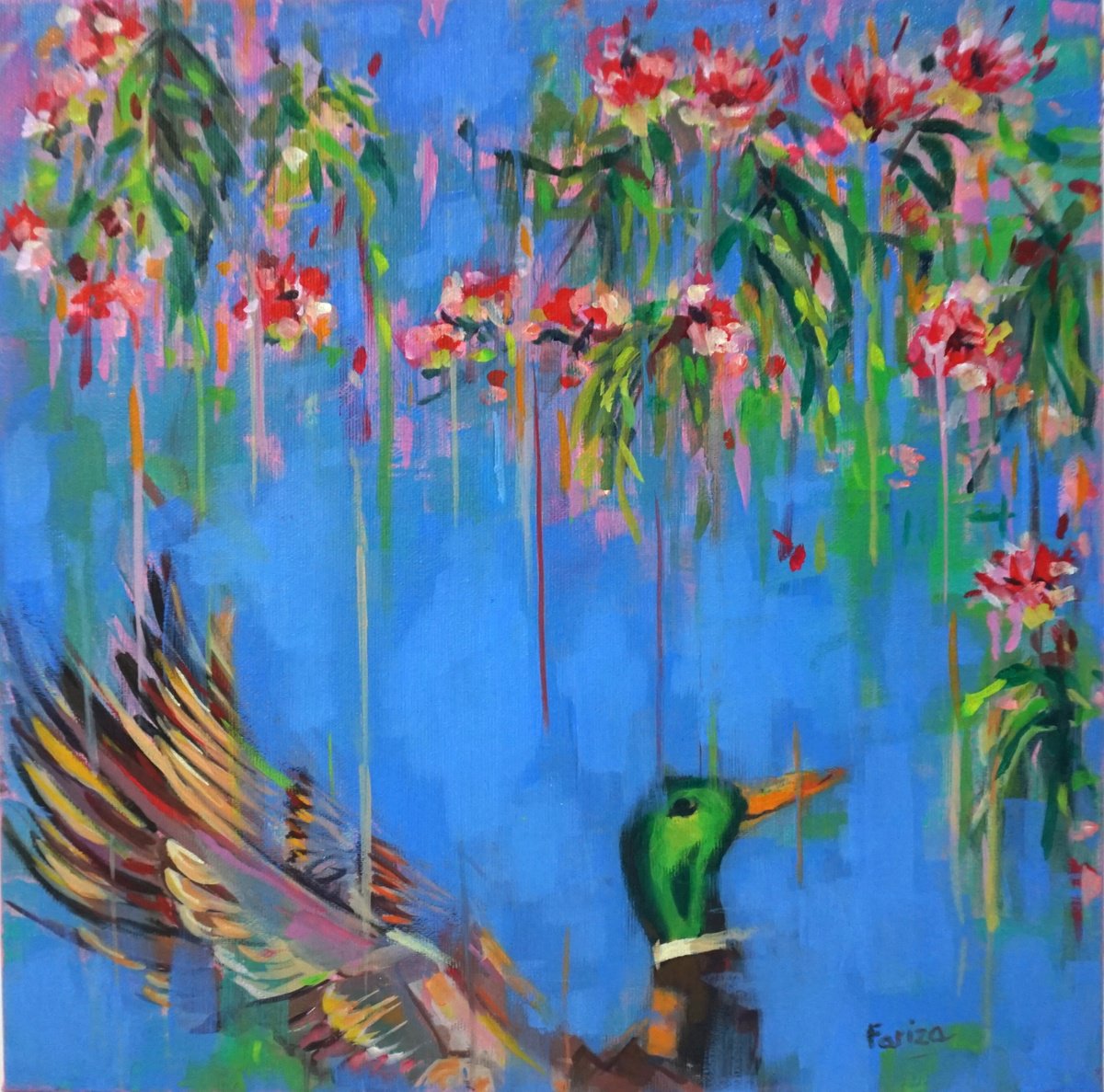 Impressionistic Animal Painting By Amaya Fernandez Fariza, 16 X 16, Duck And Flowers, Original Artwork