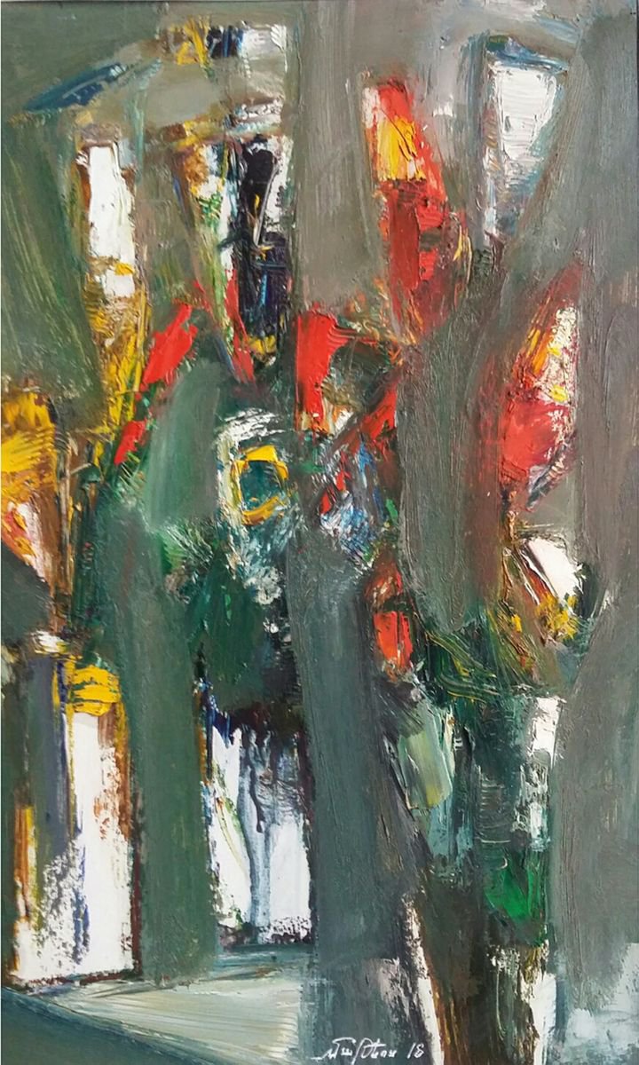 Abstract Botanical Oil Painting By Matevos Sargsyan, 11 X 17", Abstract Flowers, Original Artwork