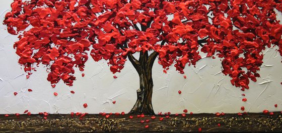Red Oak Original Abstract Textured Tree Painting, Red White Bronze Artwork