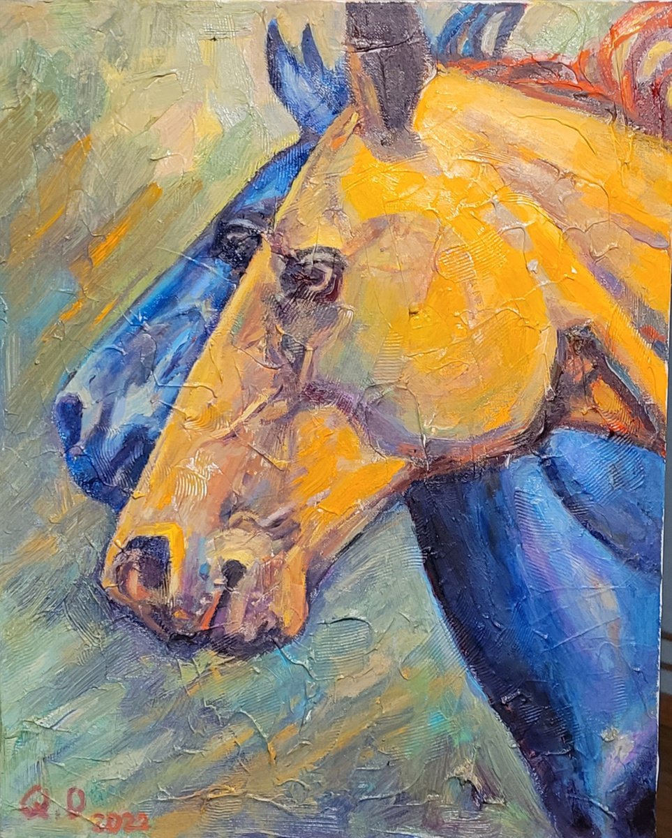 Two Horses, Contemporary Original Oil Painting, Impasto, Expressive by QI Debrah