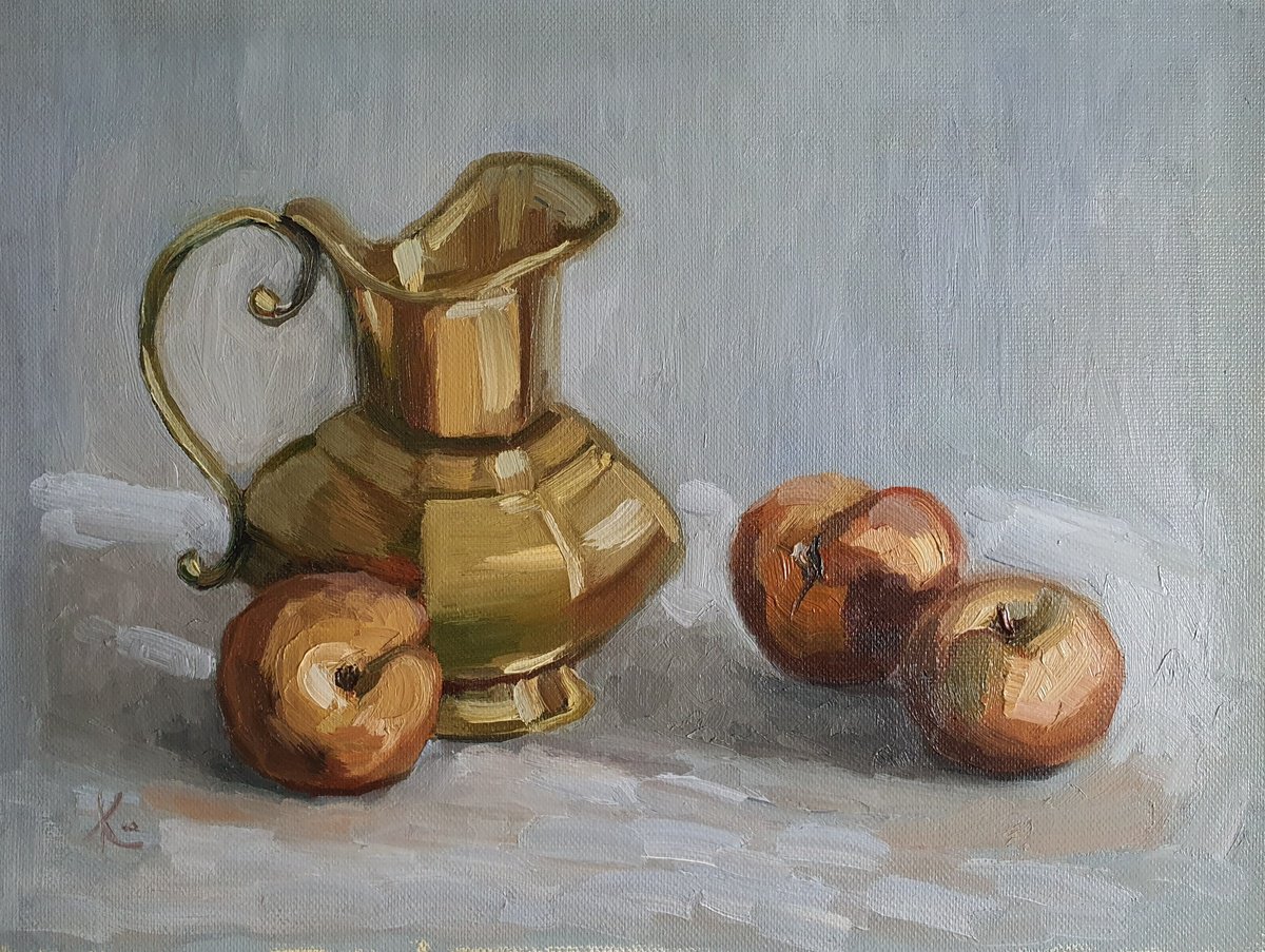Impressionistic Still Life Oil Painting By Olena Kolotova, 14 X 10", "Vase With Peaches", Original Artwork