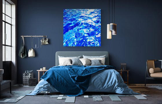 Sea ocean blue color waves with bright sun glares water reflections. Impressionistic artwork. Large wall art home decor. Art Gift