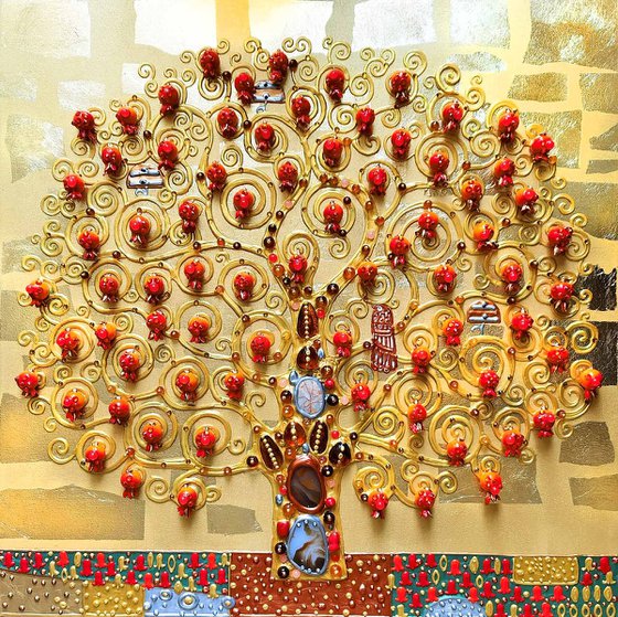 Amber Pomegranate Tree. Decorative wooden relief textured wall sculpture with precious stones
