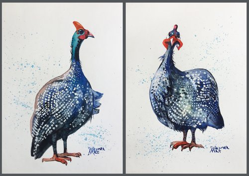 Guinea fowls, double set. Birds painting by Natalia Veyner