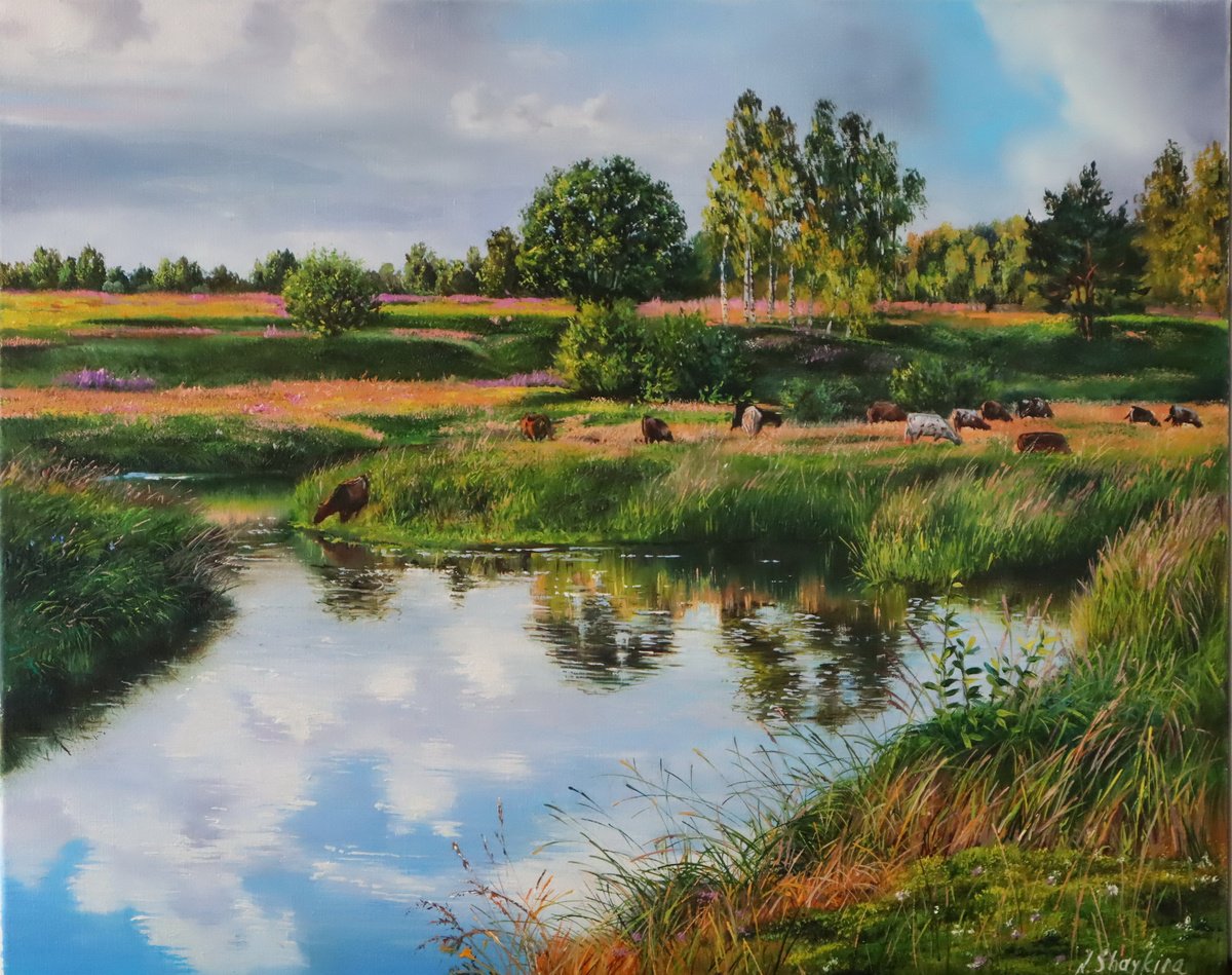Photorealistic Oil Painting , Cows By The Riverside, Countryside Scene By Natalia Shaykina, 20 X 16, Artwork For Sale On Artfinder