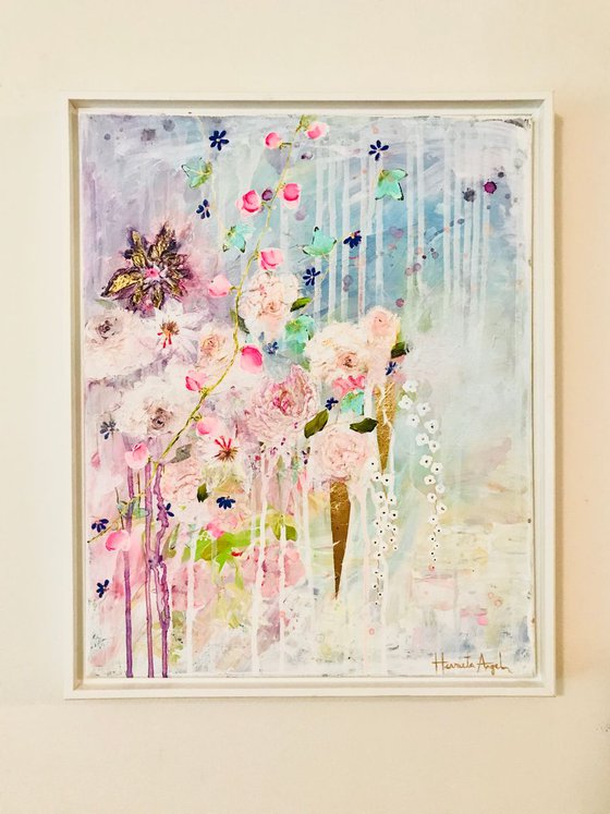 “You’re more than you know” impressionistic floral garden roses pink purple gold