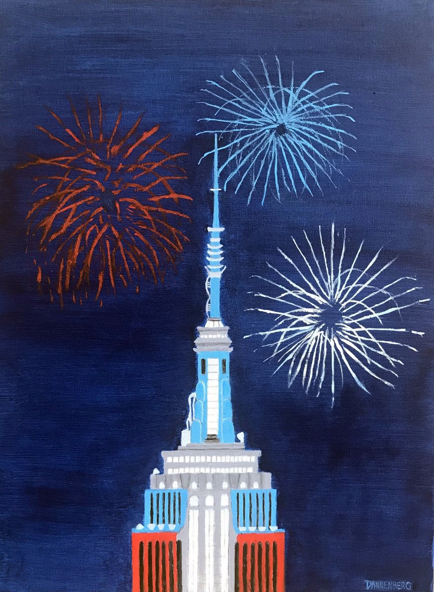 Impressionistic Cityscapes Oil Painting By Leslie Dannenberg, 18 X 24", Empire State Bldg July 4Th, Original Artwork