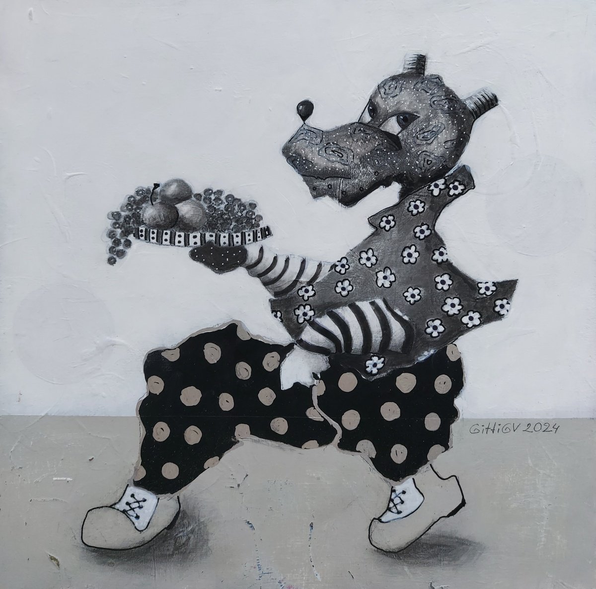 Illustrative Animal Painting By Gitti Gv, 12 X 12, Give Me Some Fruits, Original Artwork