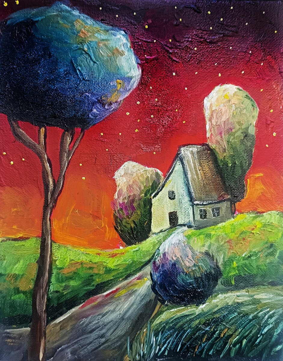 Surrealistic Landscape Oil Painting By Evgenia Smirnova, 8 X 10, A Home Among The Stars, Original Artwork