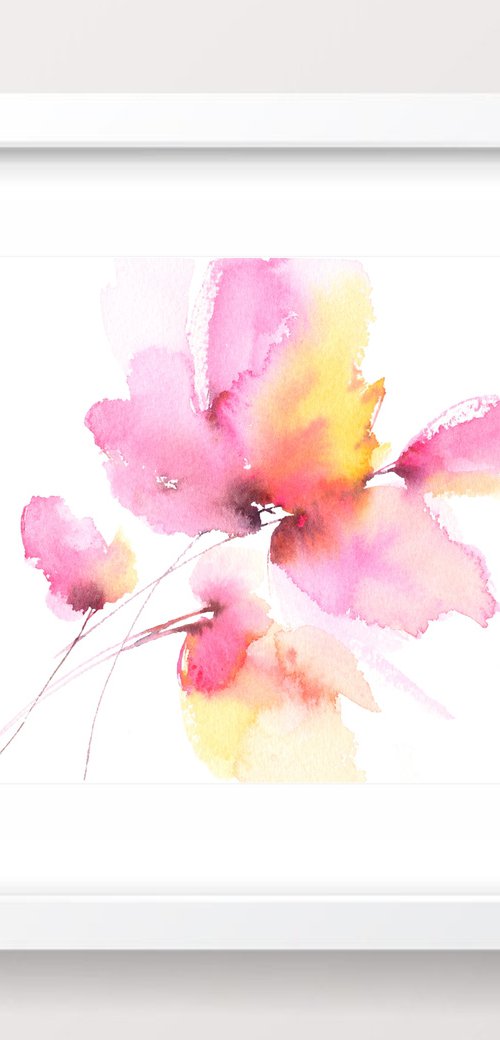 Abstract pink flower painting, small watercolor art by Olga Grigo
