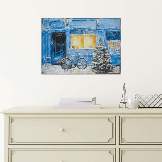 Christmas time in Honfleur, France. Fantasy. France winter small painting blue yellow magic