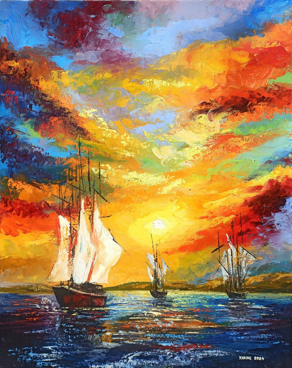 Impressionistic Landscape Oil Painting By Karine Harutyunyan, 20 X 26", Fiery Horizons, Original Artwork