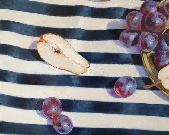 "Pears and grapes on a striped tablecloth."  still life summer grape pear white liGHt original painting  GIFT (2019)