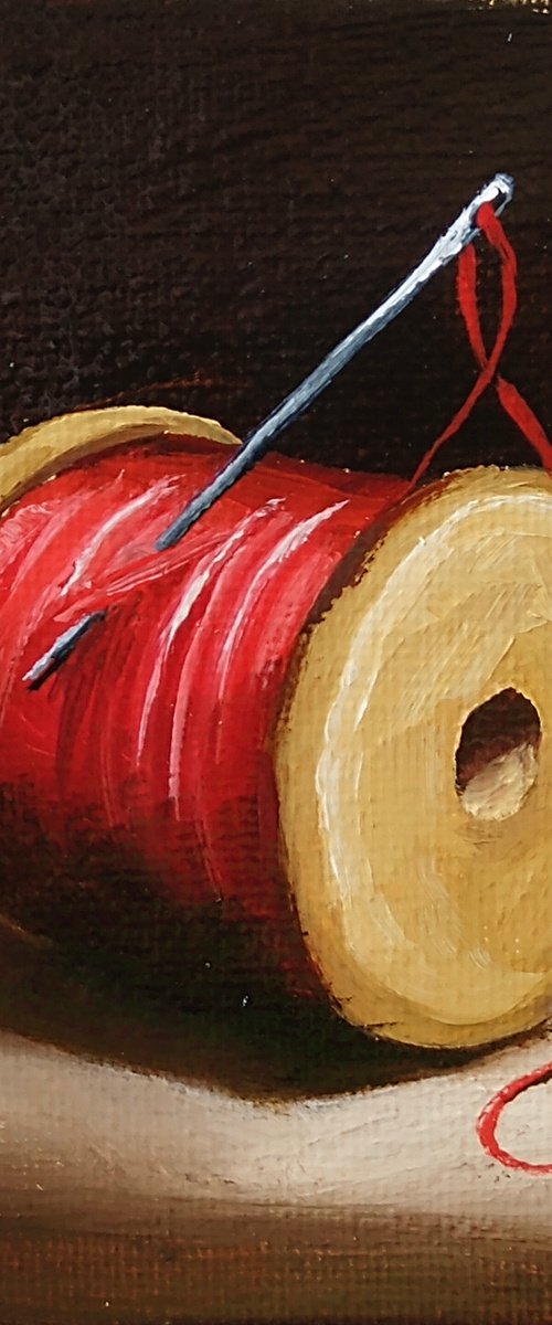 Little Red cotton reel still life by Jane Palmer Art